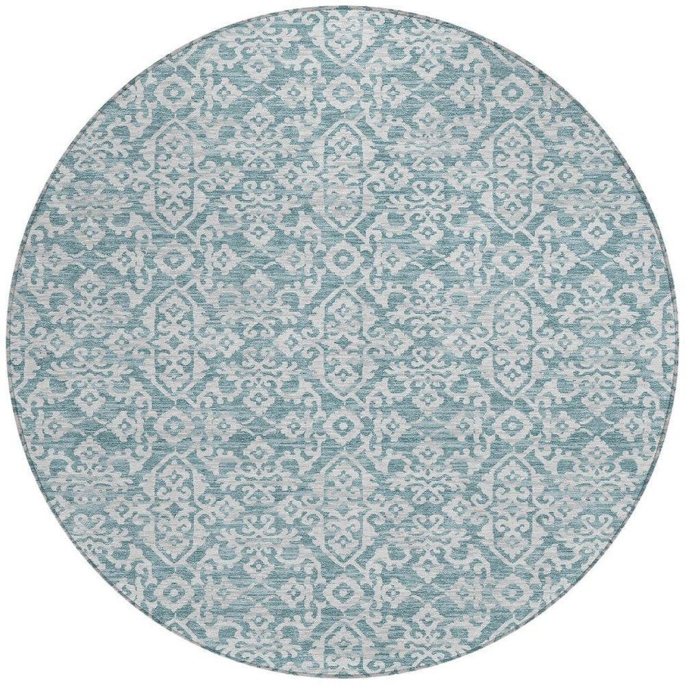 8' Teal Blue And Brown Round Oriental Washable Indoor Outdoor Area Rug HomeRoots