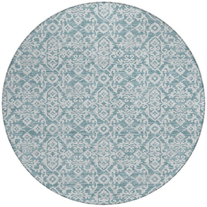 8' Teal Blue And Brown Round Oriental Washable Indoor Outdoor Area Rug HomeRoots
