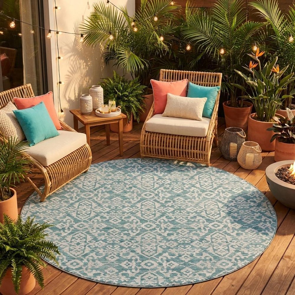 8' Teal Blue And Brown Round Oriental Washable Indoor Outdoor Area Rug HomeRoots
