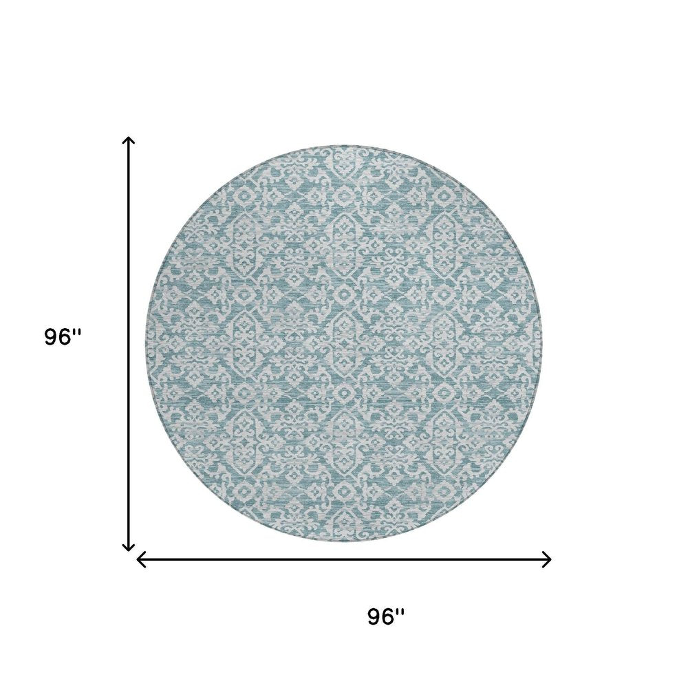 8' Teal Blue And Brown Round Oriental Washable Indoor Outdoor Area Rug HomeRoots