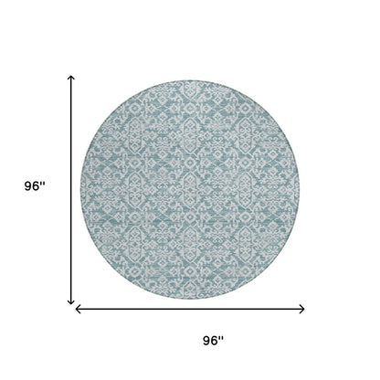 8' Teal Blue And Brown Round Oriental Washable Indoor Outdoor Area Rug HomeRoots