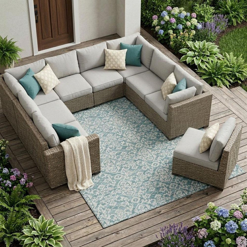 9' X 12' Teal Blue And Brown Oriental Washable Indoor Outdoor Area Rug HomeRoots