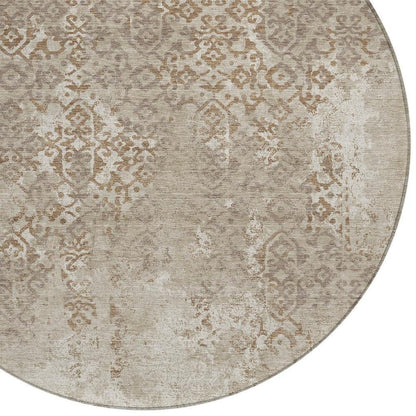 8' Beige And Gray Round Oriental Washable Indoor Outdoor Area Rug HomeRoots