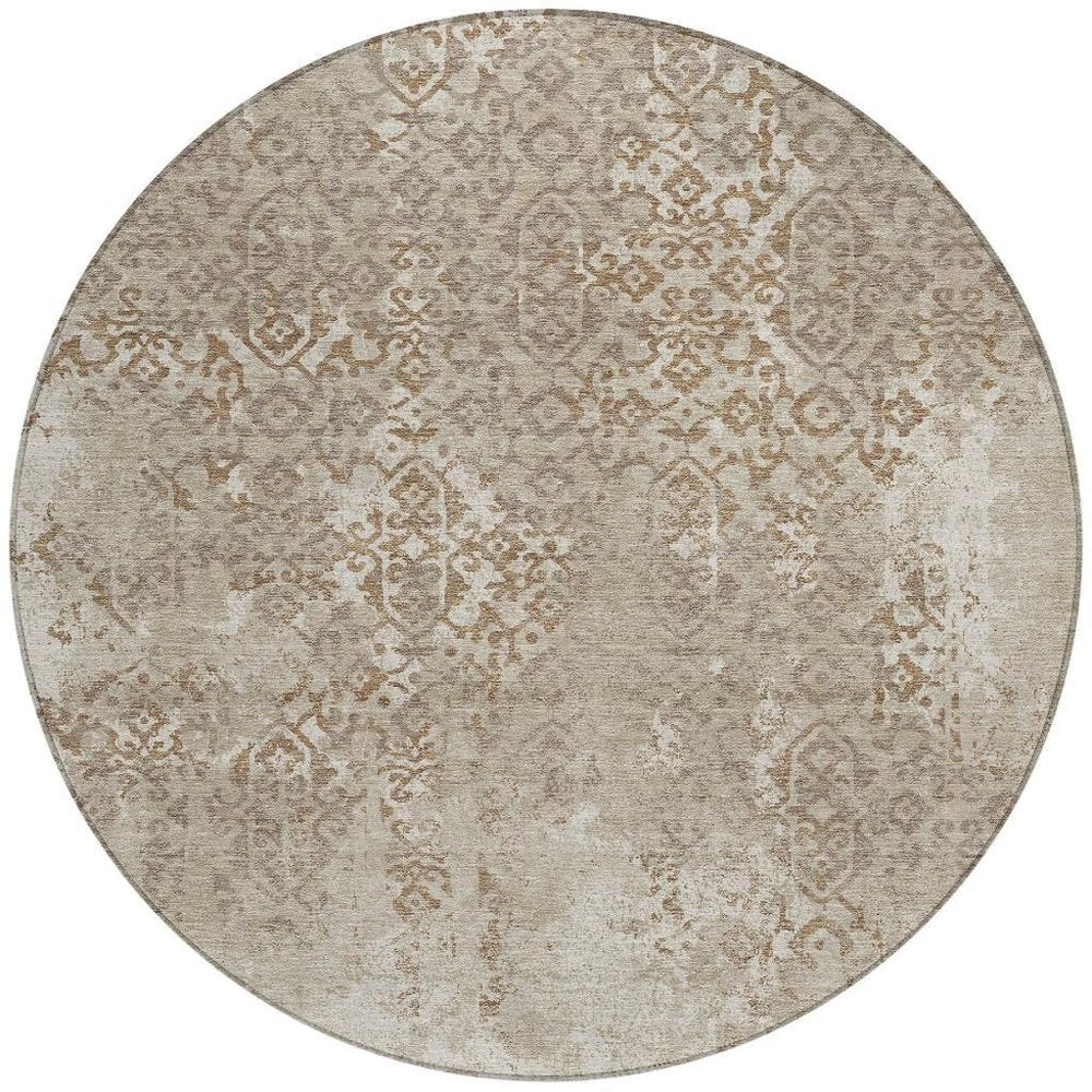 8' Beige And Gray Round Oriental Washable Indoor Outdoor Area Rug HomeRoots
