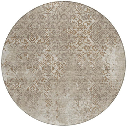 8' Beige And Gray Round Oriental Washable Indoor Outdoor Area Rug HomeRoots