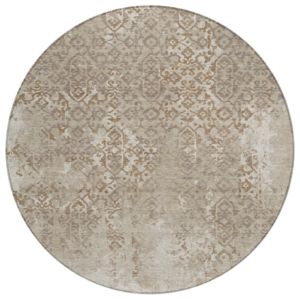 8' Beige And Gray Round Oriental Washable Indoor Outdoor Area Rug HomeRoots