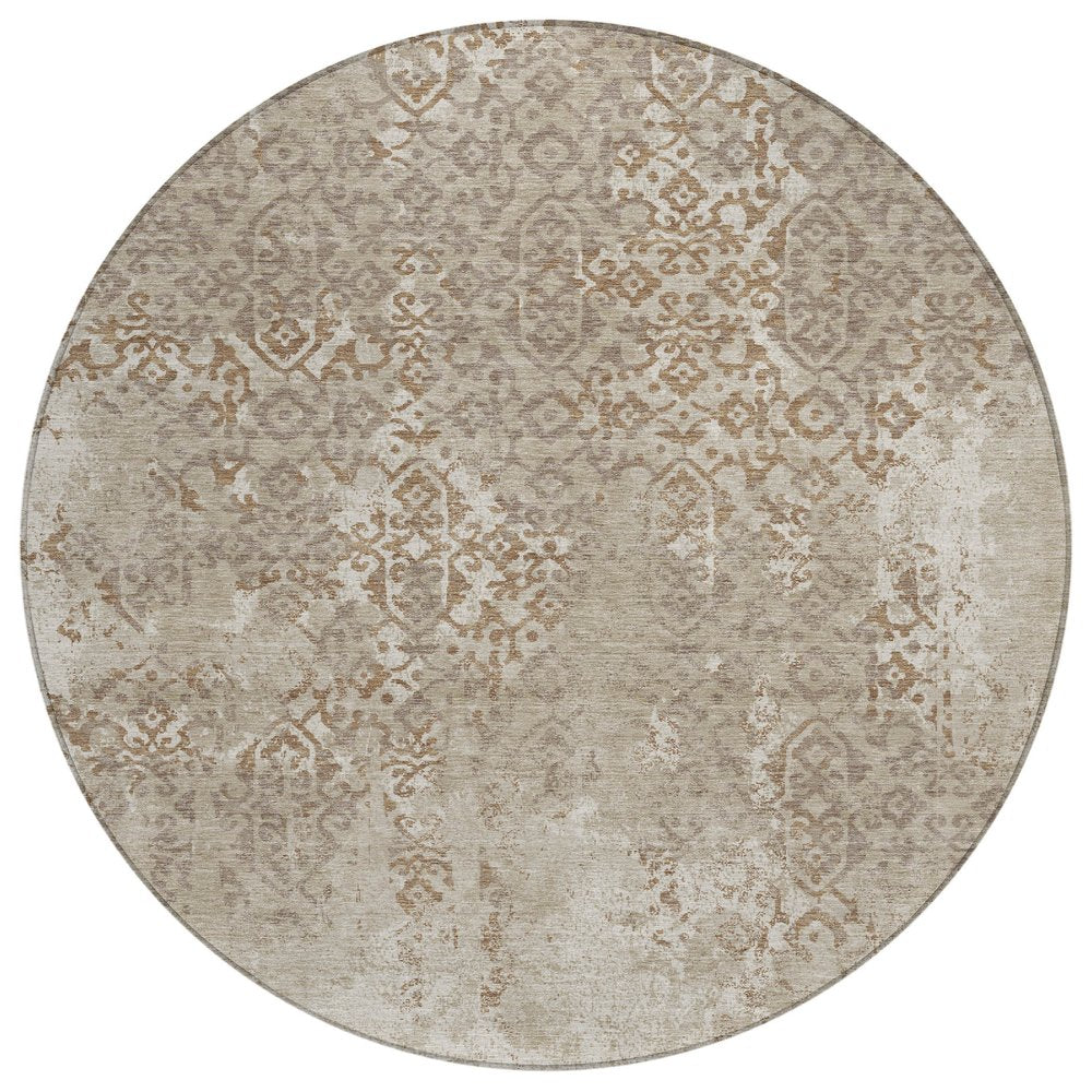 8' Beige And Gray Round Oriental Washable Indoor Outdoor Area Rug HomeRoots