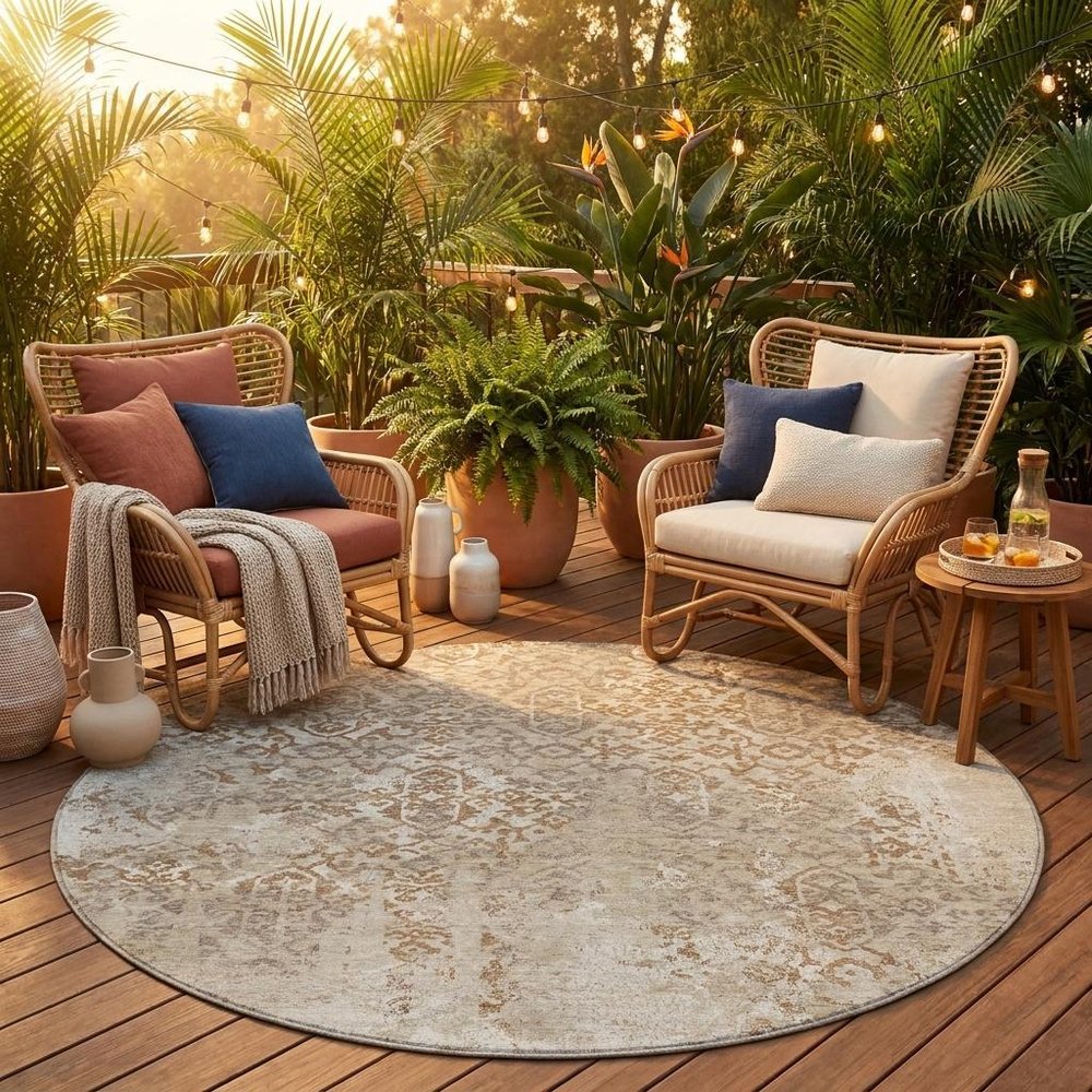 8' Beige And Gray Round Oriental Washable Indoor Outdoor Area Rug HomeRoots