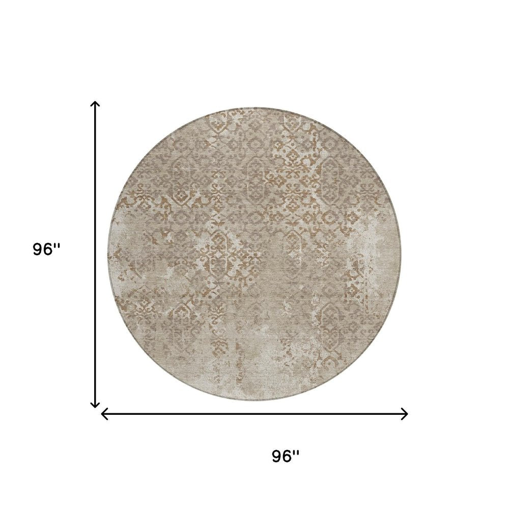 8' Beige And Gray Round Oriental Washable Indoor Outdoor Area Rug HomeRoots