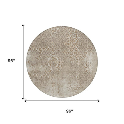 8' Beige And Gray Round Oriental Washable Indoor Outdoor Area Rug HomeRoots