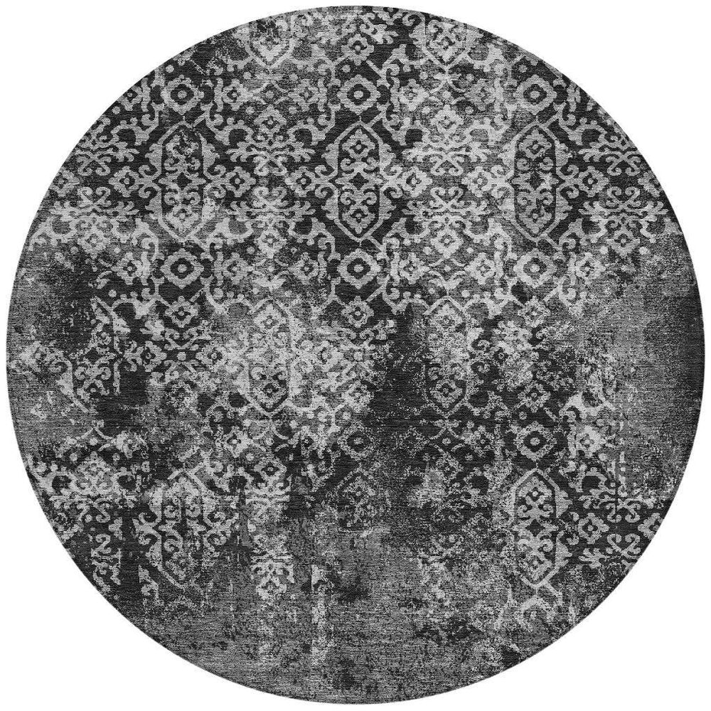 8' Black And Gray Round Oriental Washable Indoor Outdoor Area Rug HomeRoots
