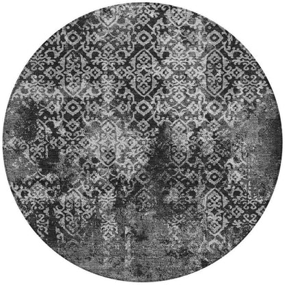 8' Black And Gray Round Oriental Washable Indoor Outdoor Area Rug HomeRoots