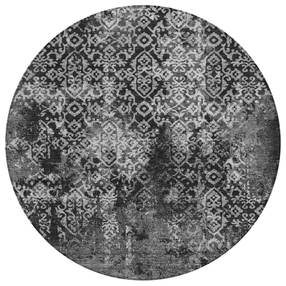 8' Black And Gray Round Oriental Washable Indoor Outdoor Area Rug HomeRoots