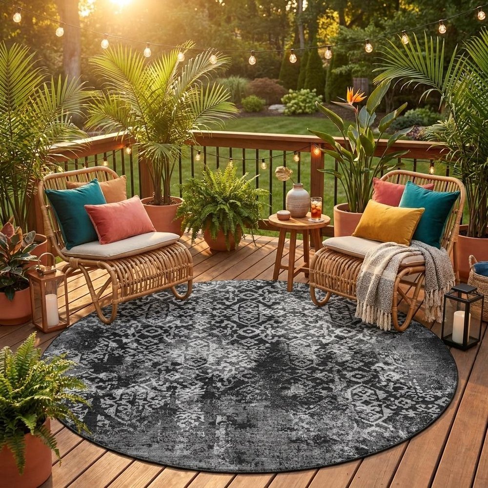 8' Black And Gray Round Oriental Washable Indoor Outdoor Area Rug HomeRoots