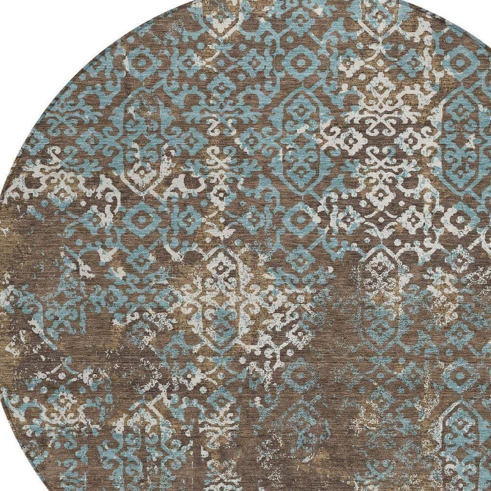 8' Brown And Khaki Round Oriental Washable Indoor Outdoor Area Rug HomeRoots