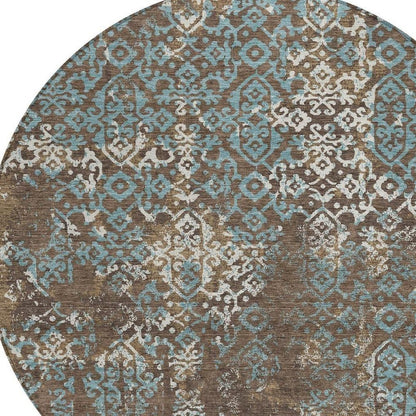 8' Brown And Khaki Round Oriental Washable Indoor Outdoor Area Rug HomeRoots