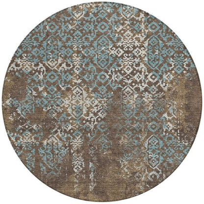 8' Brown And Khaki Round Oriental Washable Indoor Outdoor Area Rug HomeRoots