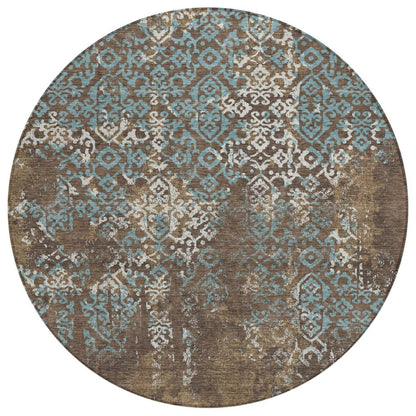8' Brown And Khaki Round Oriental Washable Indoor Outdoor Area Rug HomeRoots