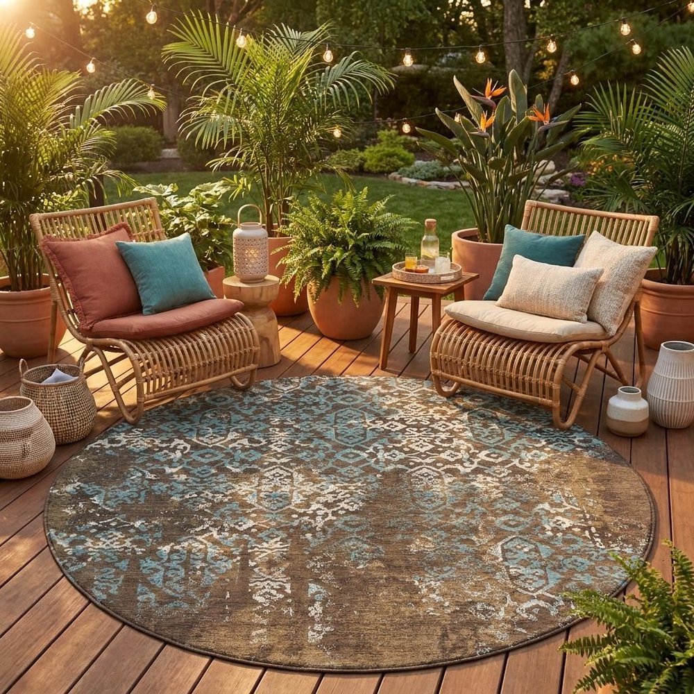 8' Brown And Khaki Round Oriental Washable Indoor Outdoor Area Rug HomeRoots