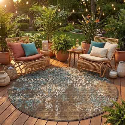 8' Brown And Khaki Round Oriental Washable Indoor Outdoor Area Rug HomeRoots