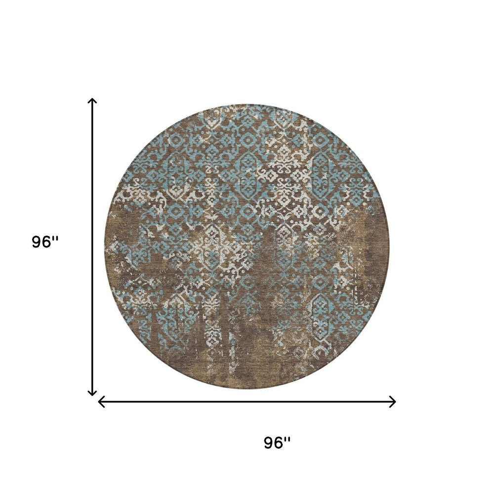 8' Brown And Khaki Round Oriental Washable Indoor Outdoor Area Rug HomeRoots