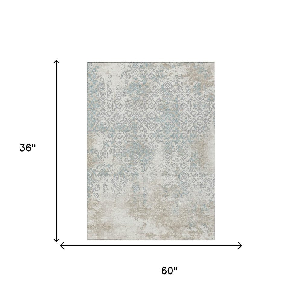 3' X 5' Ivory And Blue Oriental Washable Indoor Outdoor Area Rug HomeRoots