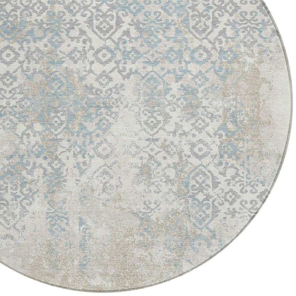 8' Ivory And Blue Round Oriental Washable Indoor Outdoor Area Rug HomeRoots
