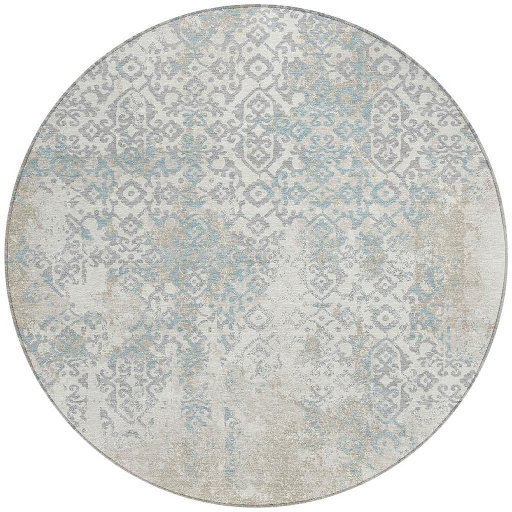 8' Ivory And Blue Round Oriental Washable Indoor Outdoor Area Rug HomeRoots