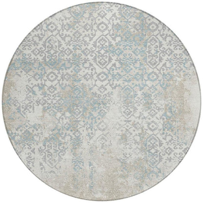 8' Ivory And Blue Round Oriental Washable Indoor Outdoor Area Rug HomeRoots