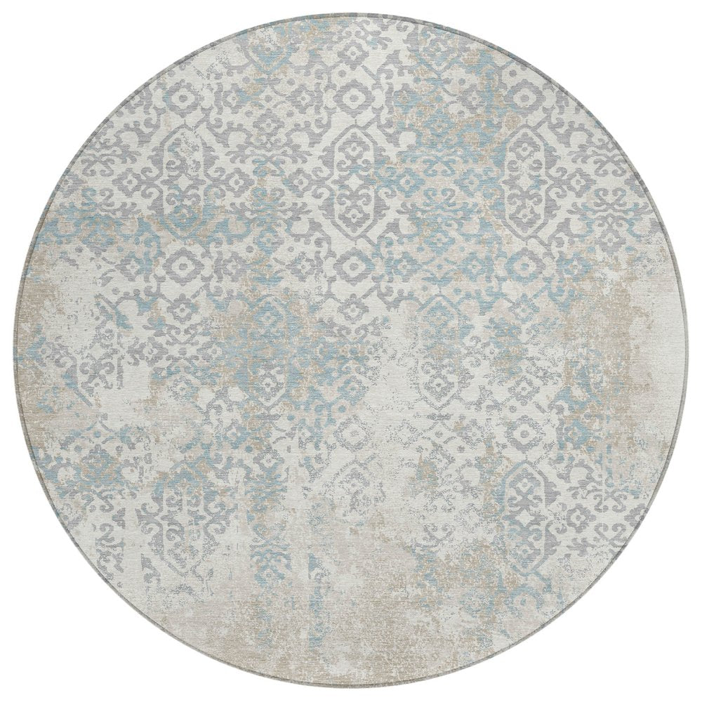 8' Ivory And Blue Round Oriental Washable Indoor Outdoor Area Rug HomeRoots