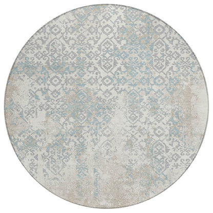 8' Ivory And Blue Round Oriental Washable Indoor Outdoor Area Rug HomeRoots