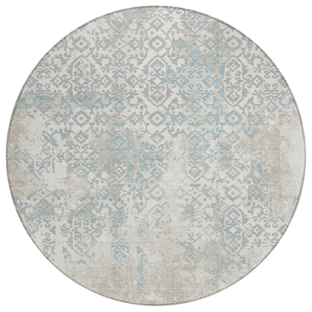 8' Ivory And Blue Round Oriental Washable Indoor Outdoor Area Rug HomeRoots