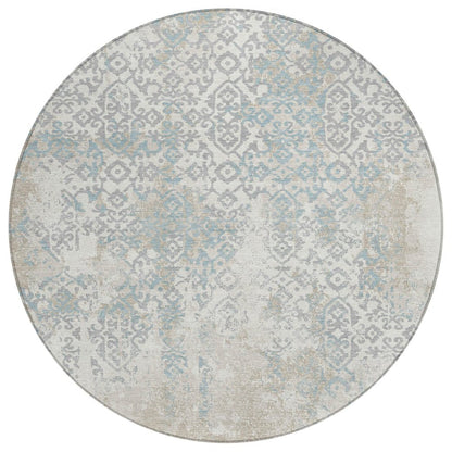 8' Ivory And Blue Round Oriental Washable Indoor Outdoor Area Rug HomeRoots