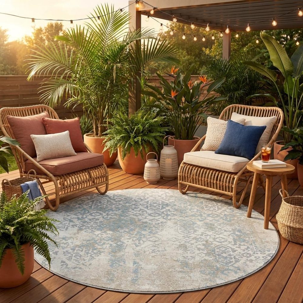 8' Ivory And Blue Round Oriental Washable Indoor Outdoor Area Rug HomeRoots