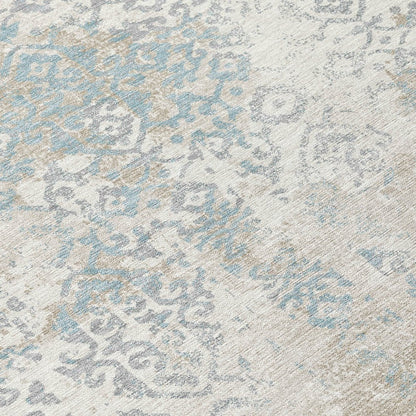 8' Ivory And Blue Round Oriental Washable Indoor Outdoor Area Rug HomeRoots