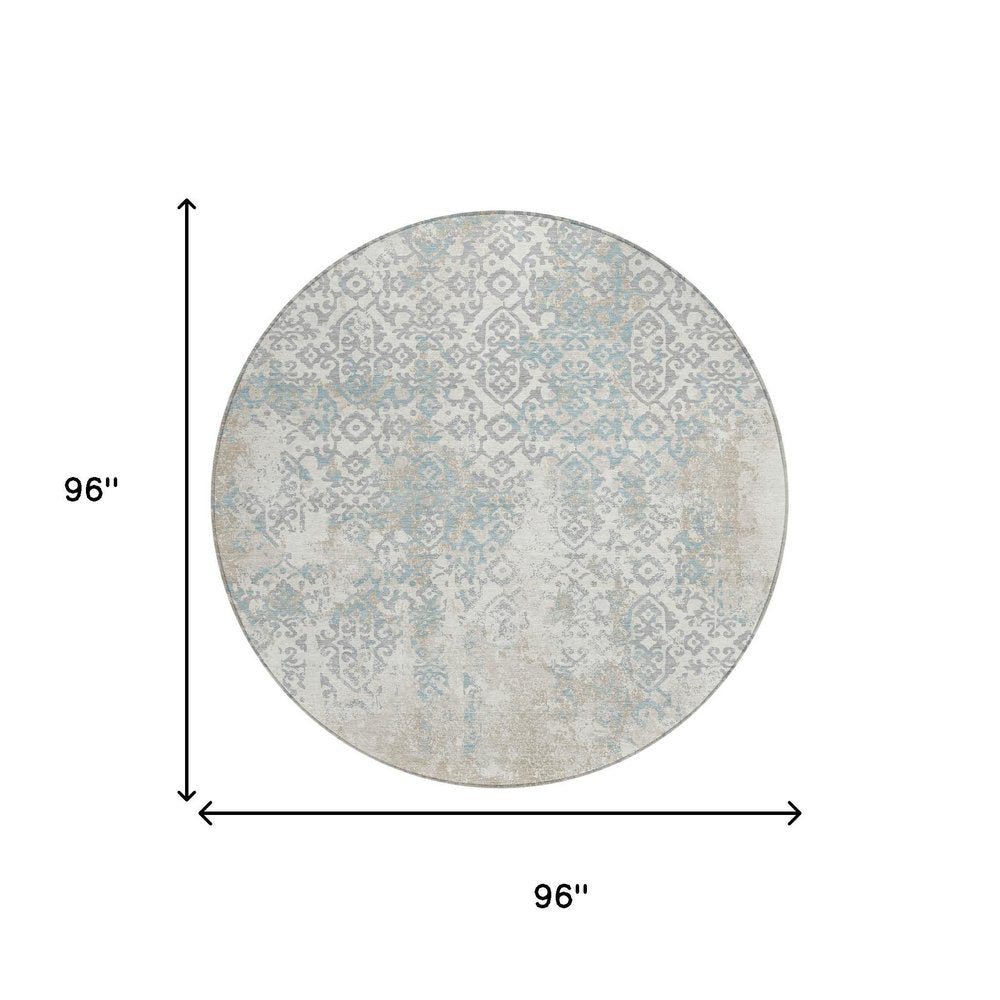 8' Ivory And Blue Round Oriental Washable Indoor Outdoor Area Rug HomeRoots