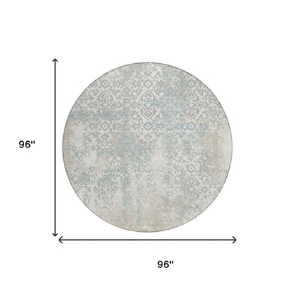 8' Ivory And Blue Round Oriental Washable Indoor Outdoor Area Rug HomeRoots