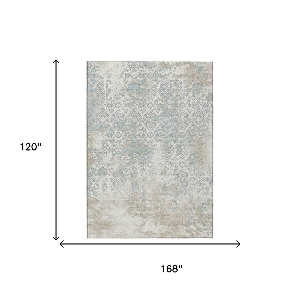10' X 14' Ivory And Blue Oriental Washable Indoor Outdoor Area Rug HomeRoots