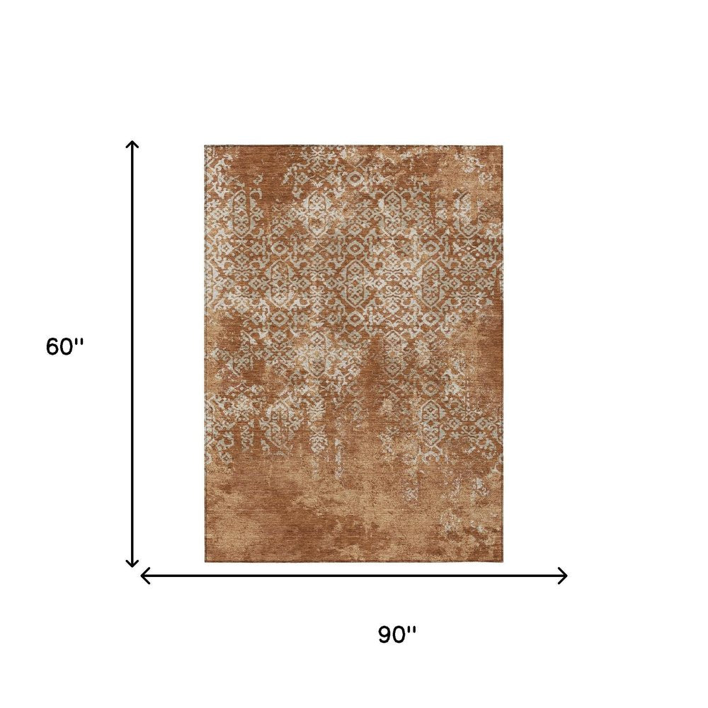 5' X 8' Orange And Beige Oriental Washable Indoor Outdoor Area Rug HomeRoots
