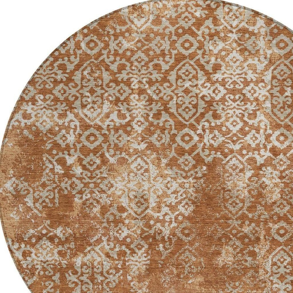 8' Orange And Beige Round Oriental Washable Indoor Outdoor Area Rug HomeRoots