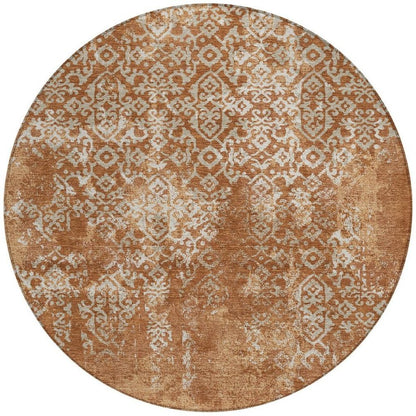 8' Orange And Beige Round Oriental Washable Indoor Outdoor Area Rug HomeRoots