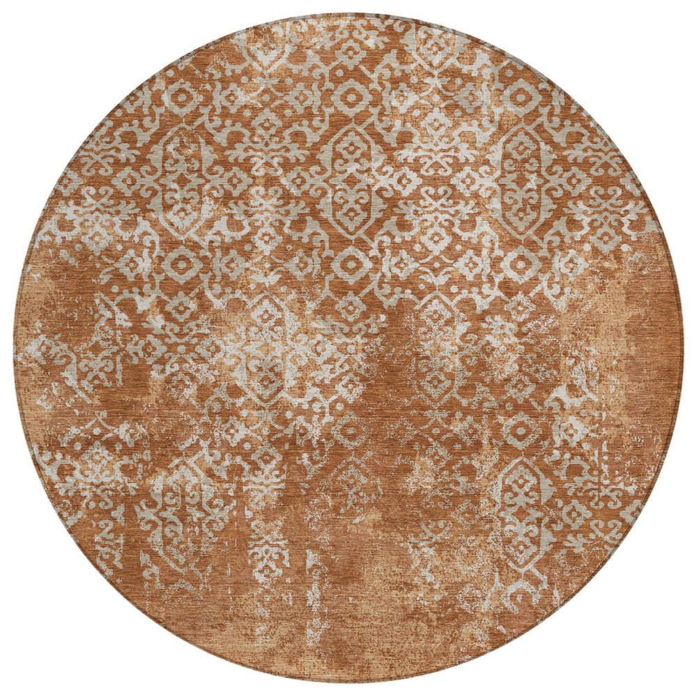8' Orange And Beige Round Oriental Washable Indoor Outdoor Area Rug HomeRoots