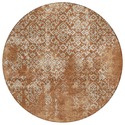 8' Orange And Beige Round Oriental Washable Indoor Outdoor Area Rug HomeRoots