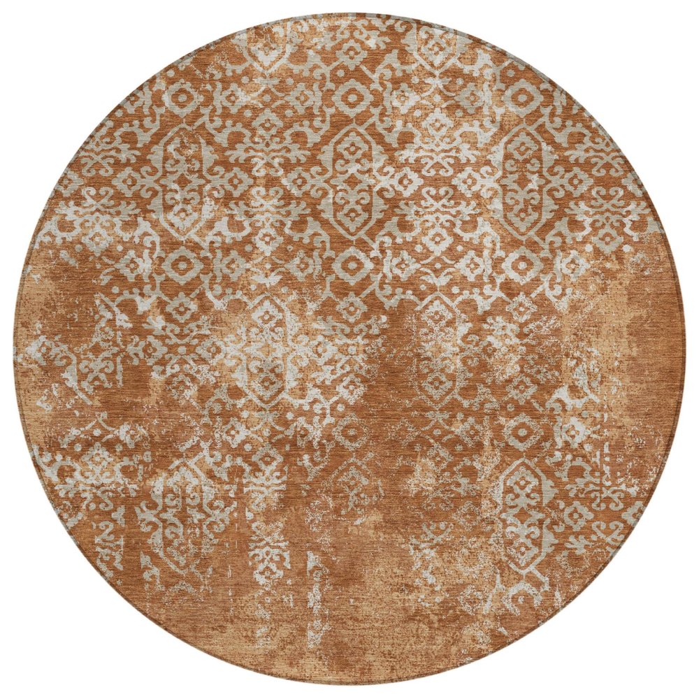 8' Orange And Beige Round Oriental Washable Indoor Outdoor Area Rug HomeRoots