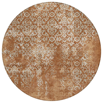 8' Orange And Beige Round Oriental Washable Indoor Outdoor Area Rug HomeRoots