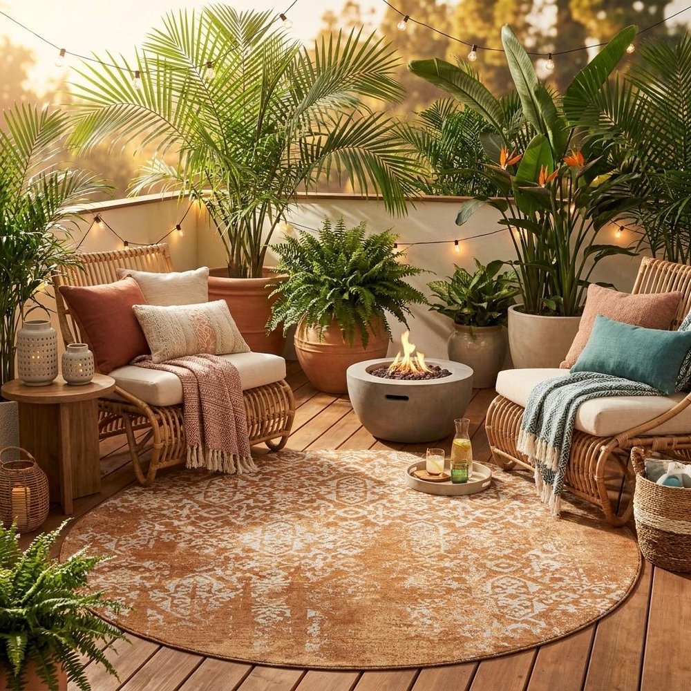 8' Orange And Beige Round Oriental Washable Indoor Outdoor Area Rug HomeRoots