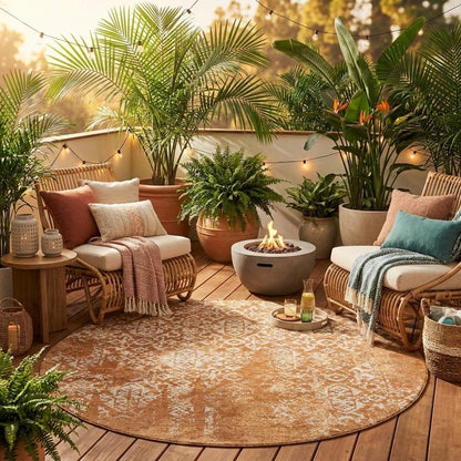 8' Orange And Beige Round Oriental Washable Indoor Outdoor Area Rug HomeRoots
