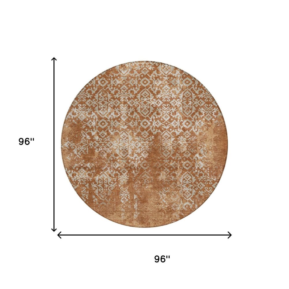 8' Orange And Beige Round Oriental Washable Indoor Outdoor Area Rug HomeRoots