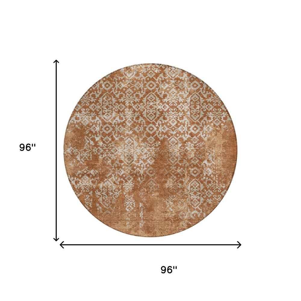 8' Orange And Beige Round Oriental Washable Indoor Outdoor Area Rug HomeRoots