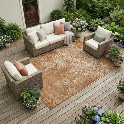 8' X 10' Orange And Beige Oriental Washable Indoor Outdoor Area Rug HomeRoots